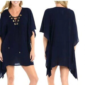 La Blanca | Capri Blue Gauzy Sharkbite Hem Grommet Lace Up Swim Caftan Cover